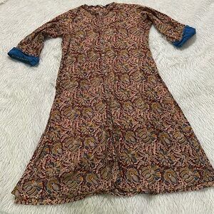 Boho Indian button down top brown blue floral paisley top size medium